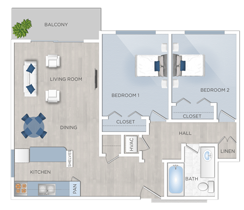 Floor plan for 2 beds, 1 bath, 756 sqft